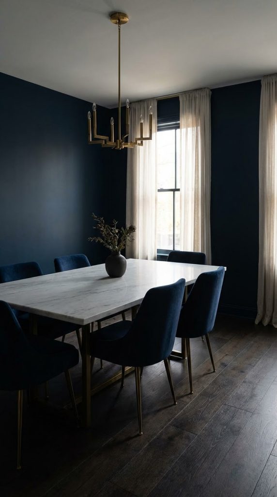 Moody dining room idea styled with matte navy walls, marble top dining table, velvet upholstered chairs, brushed brass chandelier lighting, linen curtains, and espresso stained wood floors.