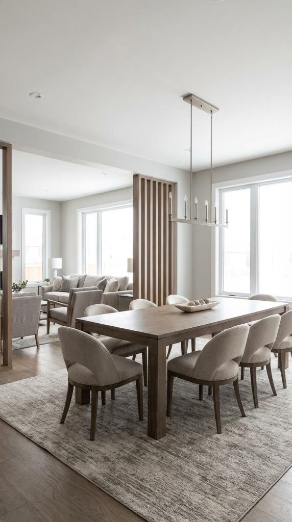 Transitional dining room idea featuring walnut dining table, curved beige upholstered chairs, vertical oak slat room divider, wide plank flooring, large windows, neutral area rug, and nickel linear chandelier.