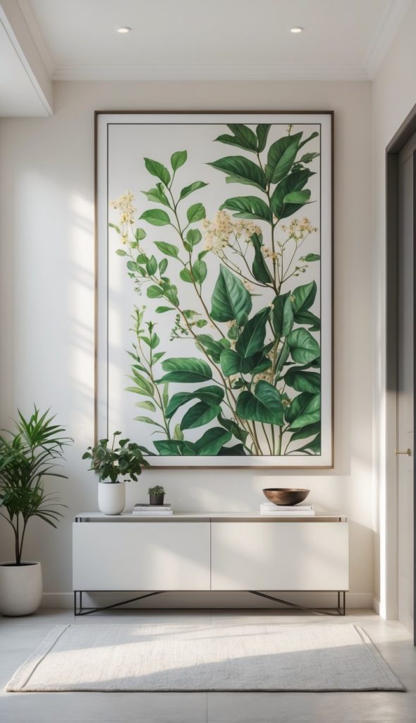 A bright living space featuring a large framed botanical art piece with lush green leaves and delicate flowers on a white wall. Below, a minimalist white console table is adorned with a small potted plant, a bowl, and a stack of books, all positioned on light-colored flooring with a simple rug.