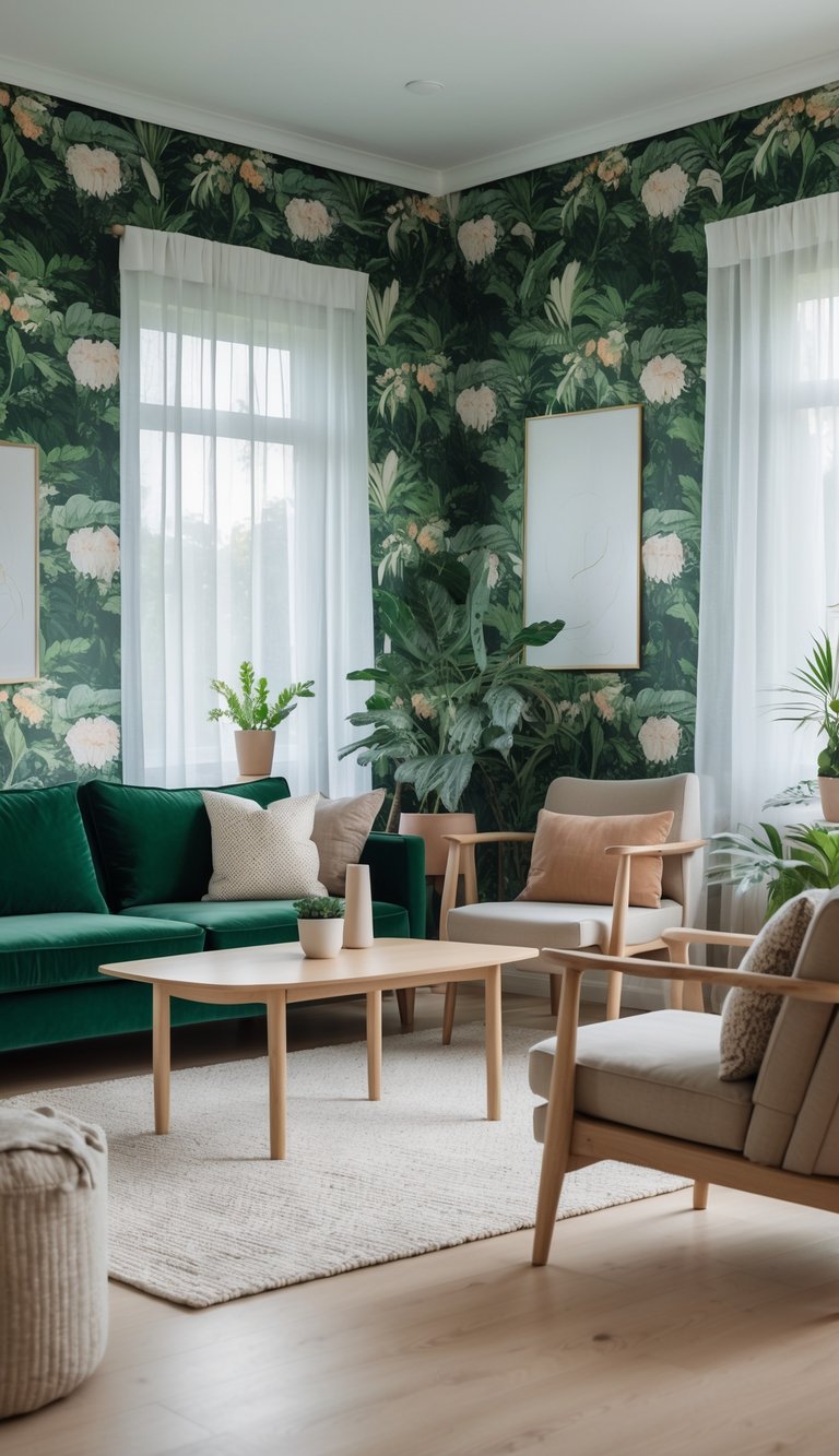A stylish living room featuring a green velvet sofa, light wood coffee table, and beige accent chairs, set against a vibrant floral wallpaper. Natural light filters through sheer curtains, highlighting potted plants placed throughout the space.