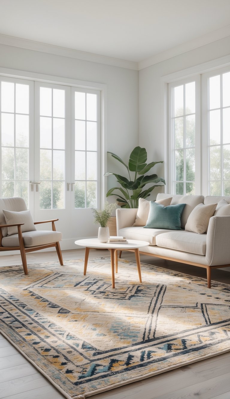 A bright and airy living room featuring large windows with natural light. A modern beige sofa with light blue cushions and a mid-century armchair are positioned around a round white coffee table. The floor is adorned with a colorful geometric area rug predominantly featuring yellow, blue, and cream tones, and a large indoor plant adds a touch of greenery in the corner.