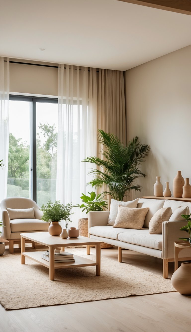 A cozy living room featuring a light-colored sofa with decorative pillows, a coffee table with books and pottery, and several plants, all set against large windows with sheer curtains that allow natural light to brighten the space.