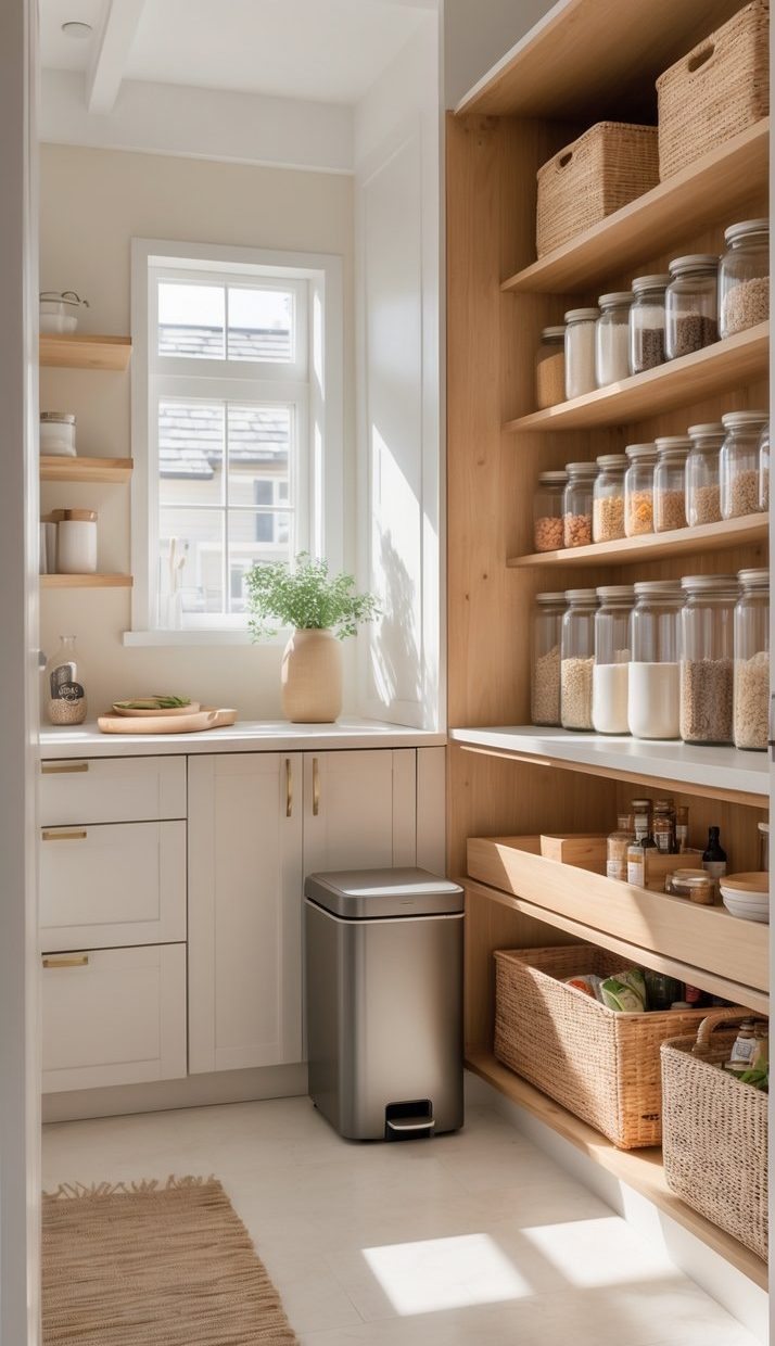 Bright, modern pantry featuring shelves filled with clear glass jars of various grains and spices, woven baskets, and a small potted plant by a window, with cabinetry and a silver trash bin visible in a cozy, organized setting.