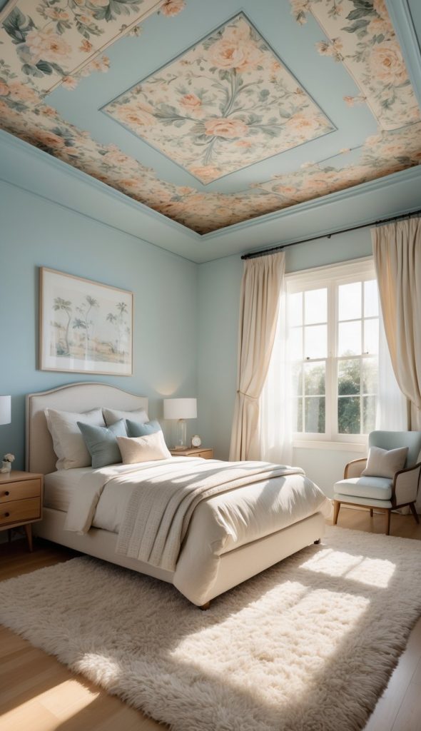 A cozy bedroom featuring a light blue color scheme, a floral-patterned ceiling, a king-sized bed with soft bedding and multiple pillows, two bedside tables with lamps, a large window with flowing curtains letting in natural light, a plush white rug on a wooden floor, and an accent chair in a corner.