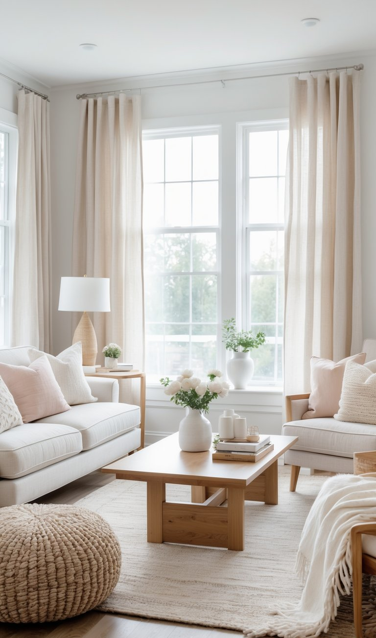 A bright and airy living room featuring two light-colored sofas with pink and cream cushions, a wooden coffee table, and a textured area rug. There are large windows dressed with sheer beige curtains, a modern lamp, and decorative potted plants on the table.
