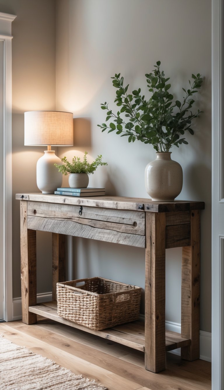 A rustic wooden console table with a drawer, topped with a beige lamp, a potted plant, and a stack of books, accompanied by a large vase with foliage, and a woven basket underneath. The wall is painted light gray, enhancing the warm wood tones and cozy atmosphere.