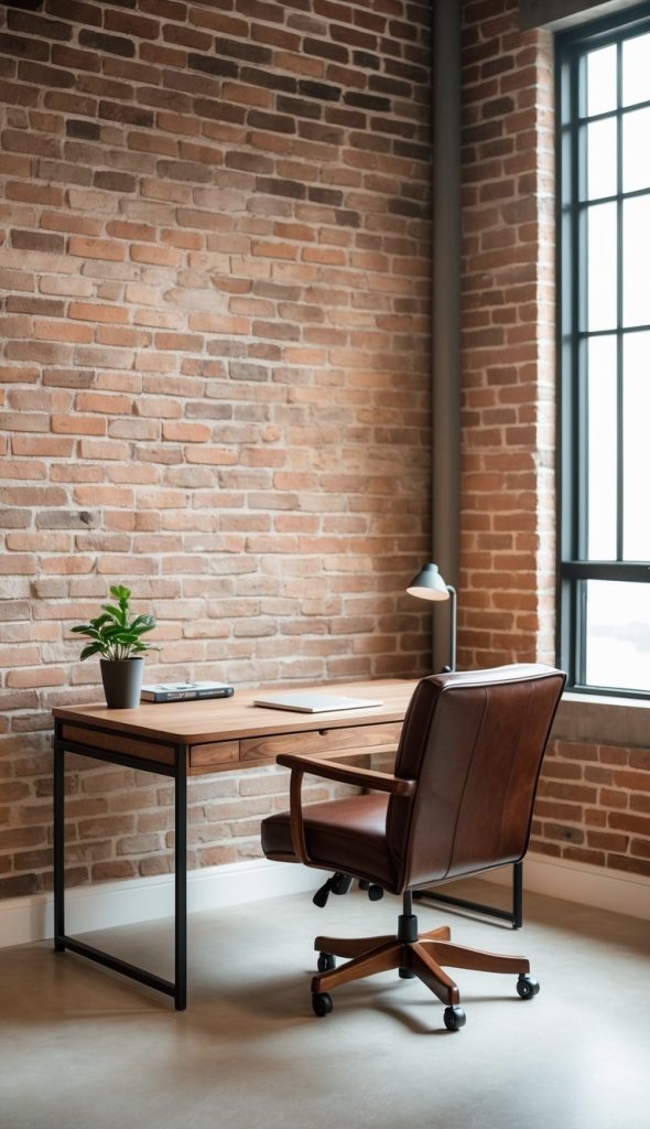 A modern workspace featuring a wooden desk with a plant and a notepad on it, accompanied by a brown leather office chair, set against a backdrop of a textured brick wall and a large window.