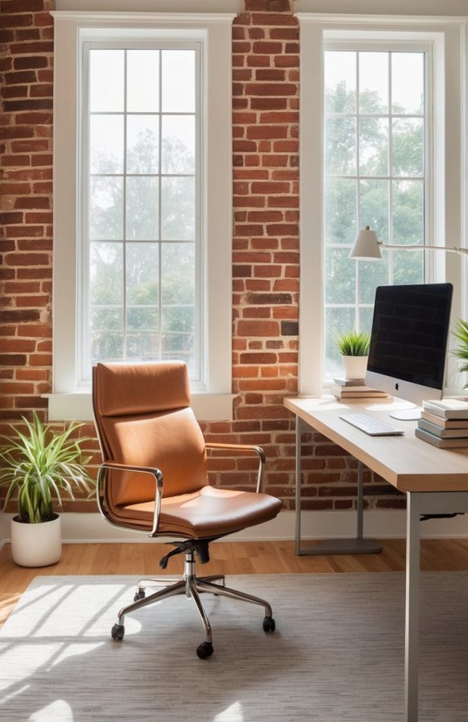 A modern home office featuring a brown leather chair positioned in front of a minimalist desk with a computer and stacks of books, set against a backdrop of exposed red brick walls and large windows letting in natural light.