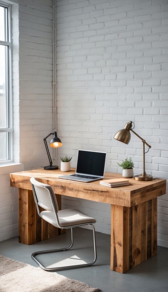 A modern workspace featuring a large wooden desk with a laptop, two decorative plants, a stack of books, and two lamps on either side. A light-colored chair is positioned in front of the desk, with a textured rug on the floor and a window with natural light illuminating the room.