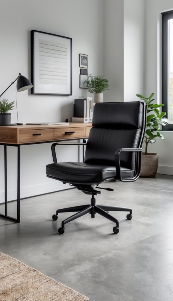 A modern home office featuring a black leather ergonomic chair positioned next to a wooden desk, which is adorned with a desk lamp, small plants, and framed art on the wall.