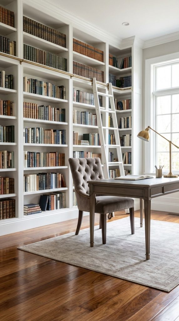 Transitional home office idea with floor-to-ceiling white built-in bookshelves, rolling library ladder with brass rail, dark wood desk, tufted velvet chair, brass desk lamp, and hardwood floors.