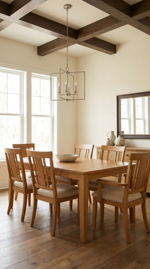 Transitional dining room idea with solid oak table, slat back wood chairs with beige cushions, dark exposed ceiling beams, hardwood flooring, nickel open frame chandelier, and wood sideboard with ceramic decor.