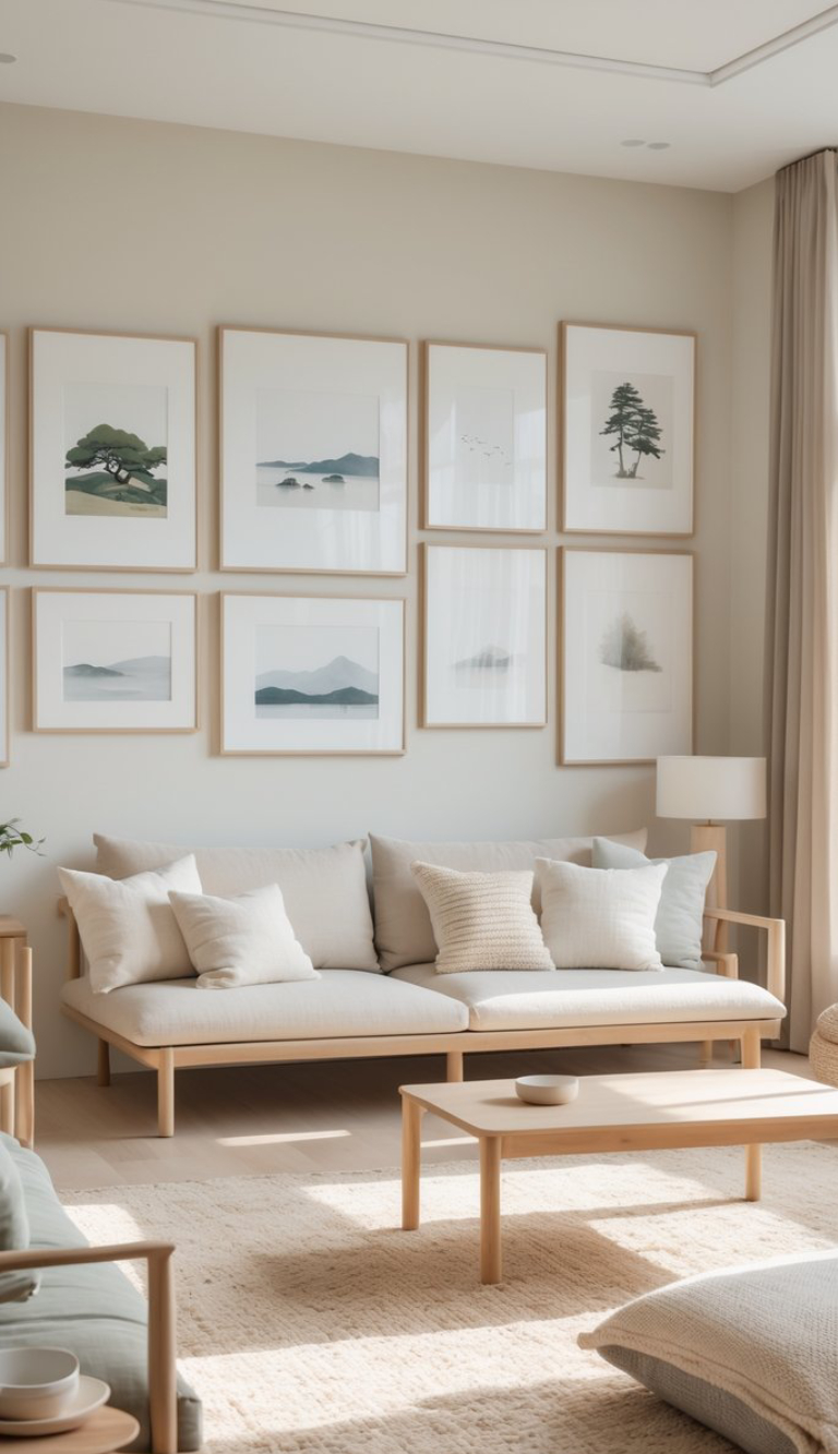 A modern, minimalist living room featuring a light beige wall adorned with a series of framed artwork depicting landscapes. A comfortable, neutral-colored sofa is positioned in the foreground, accompanied by various decorative cushions. A wooden coffee table sits in front of the sofa, and a soft area rug covers the floor, while a lamp stands beside the seating arrangement.