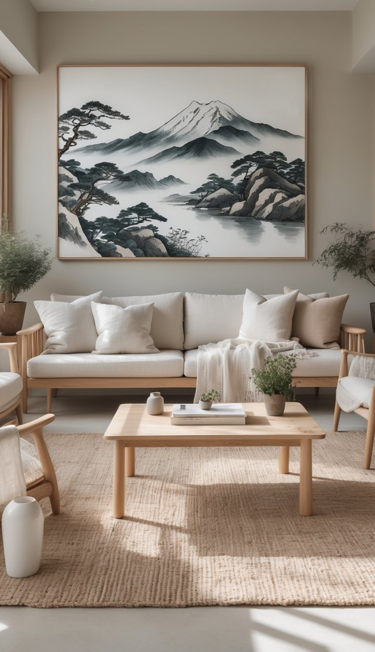 A cozy living room featuring a light-colored sofa adorned with several pillows, a wooden coffee table holding books and small plants, and a serene large painting of mountains and trees hanging on the wall. The room has natural light flowing in, plants in the corners, and a textured rug on the floor.