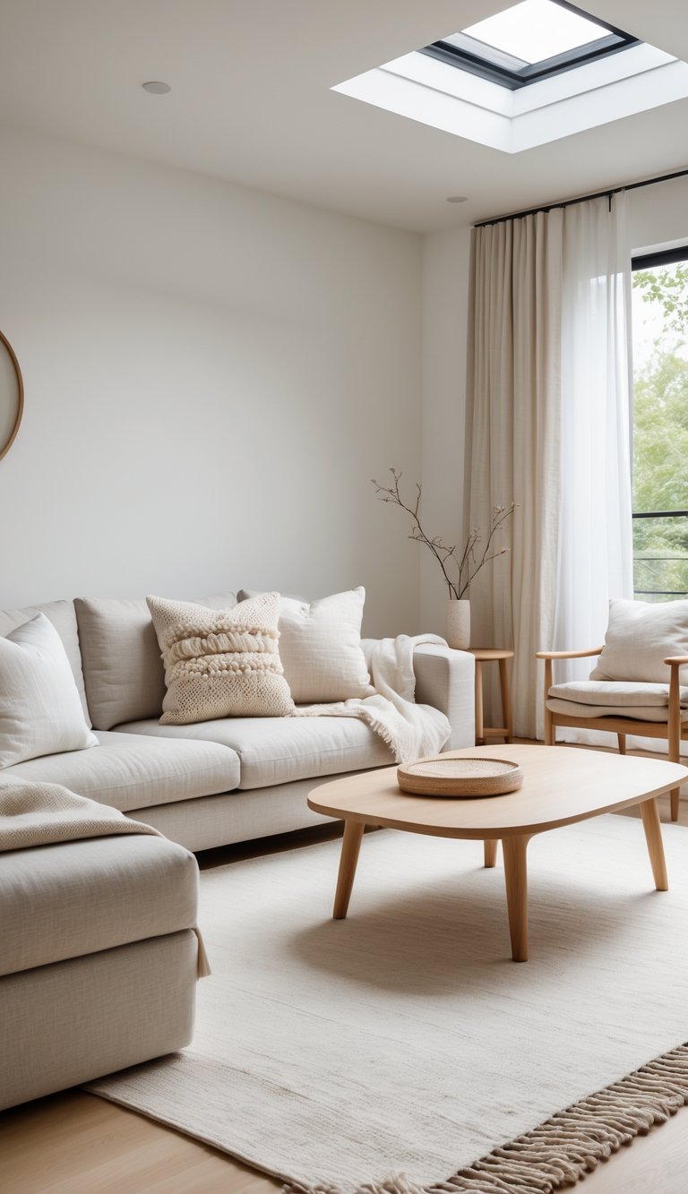 A cozy living room featuring a light-colored sofa adorned with textured pillows, a simple wooden coffee table with a round tray on it, and a single armchair. Soft curtains frame a window, allowing natural light to illuminate the space, while a decorative branch adds a touch of nature.