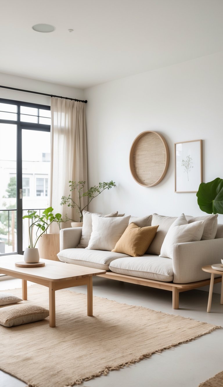 A bright, modern living room featuring a light-colored sofa adorned with various cushions, a wooden coffee table, and a woven rug. Natural light streams through large windows, and greenery is present in potted plants, adding a fresh feel to the space.