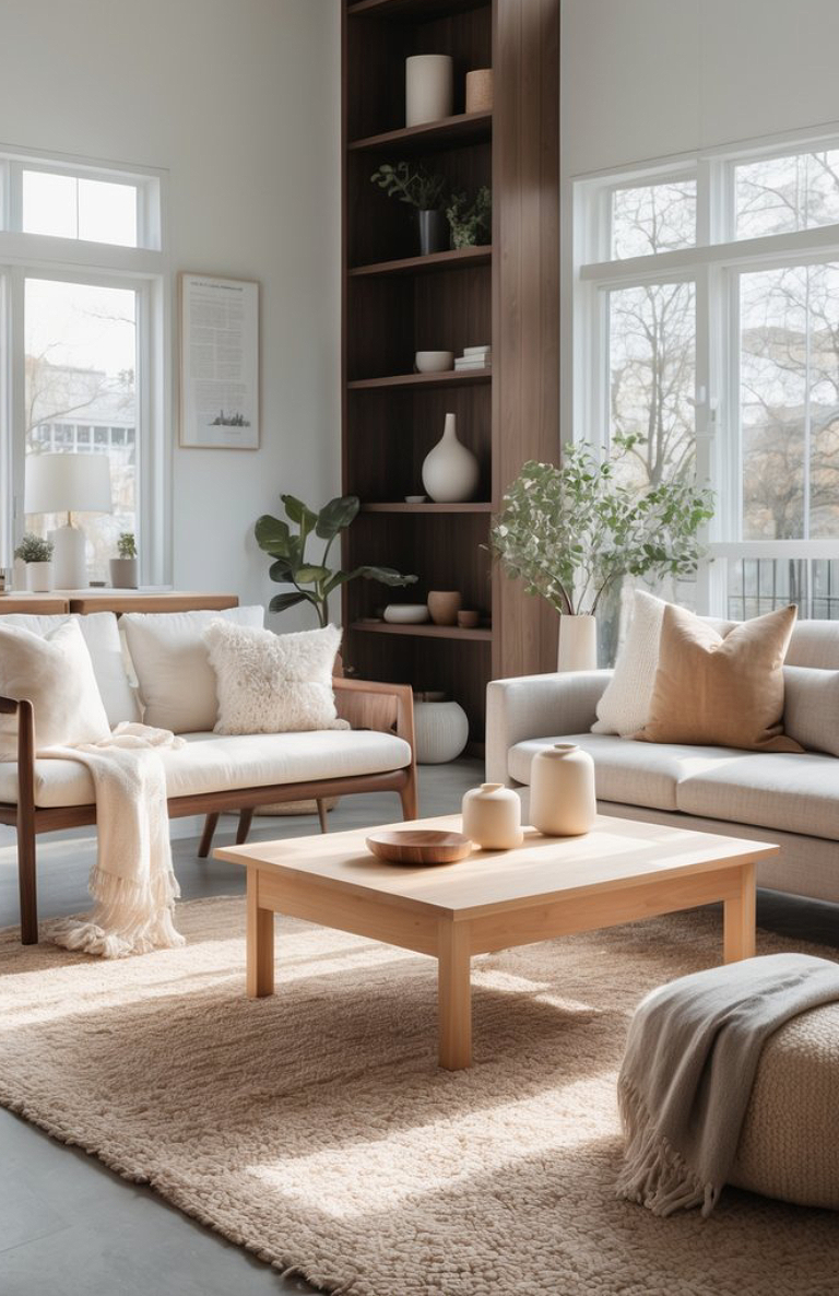 A cozy living room featuring two comfortable armchairs, a wooden coffee table with decorative bowls, and soft throw blankets. The space is decorated with plants, neutral-toned pillows, and a large bookshelf filled with various vases and decor. Windows allow natural light to fill the room.