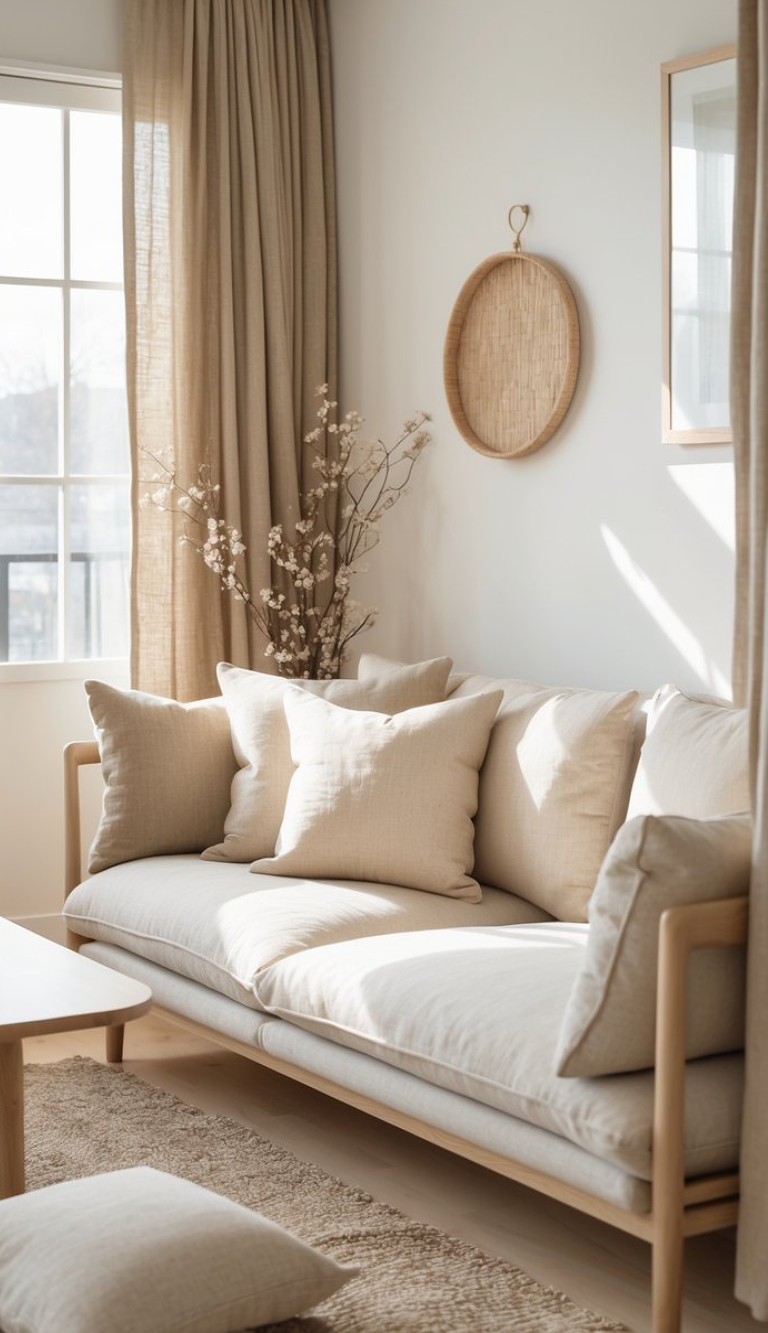 A cozy living room featuring a light beige sofa with several plush cushions, paired with a wooden coffee table. The room has soft curtain drapes, a decorative round woven wall piece, and a small plant arrangement, illuminated by natural light coming through a window.