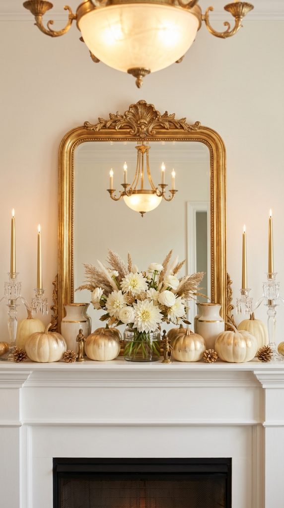 Thanksgiving mantel styling idea with white fireplace mantel, ornate gold mirror, crystal candlesticks, ivory and gold pumpkins, and white floral arrangement beneath a brass chandelier.