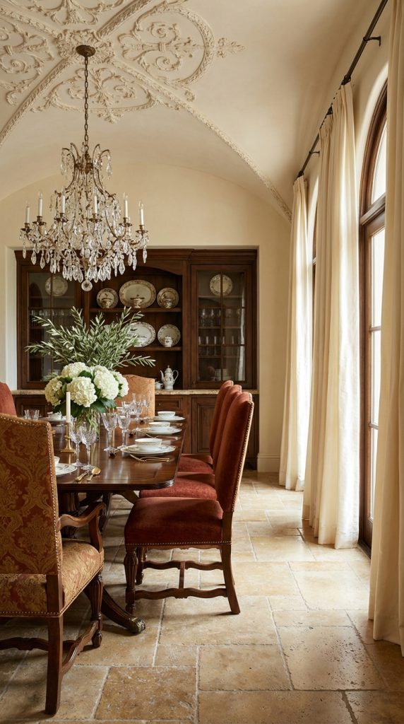 Mediterranean dining room idea featuring crystal chandelier, sculpted plaster ceiling, wood dining table, velvet chairs, and arched windows with linen curtains.