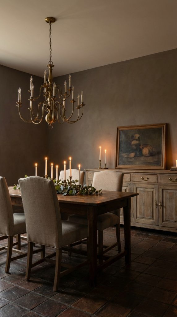 Elegant French country dining room idea featuring candlelit wood dining table, linen chairs, brass chandelier, plaster walls, and distressed buffet cabinet.