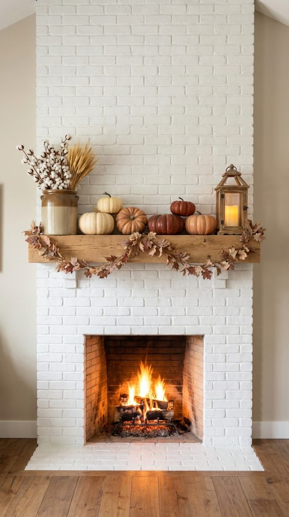 White painted brick fireplace with rustic wood mantel, autumn pumpkins, wheat bundle, lantern, and leaf garland farmhouse mantel decor idea.