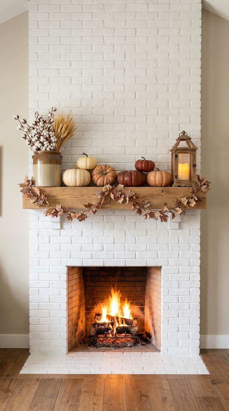 A cozy fireplace with a white brick mantel decorated with various pumpkins, a lantern, and cotton branches, with a glowing fire inside the hearth, set against a neutral wall and wooden floor.