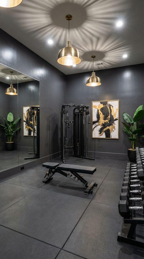Luxury-inspired home gym decor idea with dark charcoal walls, brass pendant lighting, mirrored wall, cable machine, adjustable bench, black dumbbell rack, abstract art, and indoor plants.