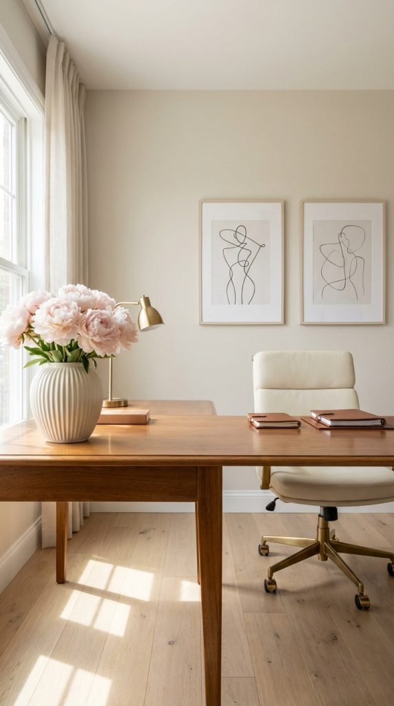 Transitional home office idea with walnut desk, cream swivel chair with brass base, blush peonies in ribbed ceramic vase, brass desk lamp, and minimalist framed artwork on beige wall.