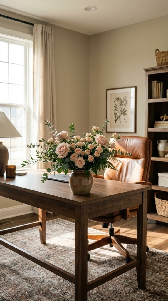 Cozy transitional home office idea featuring walnut desk, tan leather executive chair, bouquet of blush roses, wood bookcase with baskets, and neutral patterned rug.