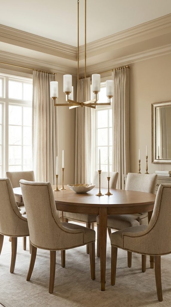 Transitional dining room idea featuring round stained oak table, oatmeal linen nailhead chairs, cream wool rug, brass chandelier, and linen drapery panels.