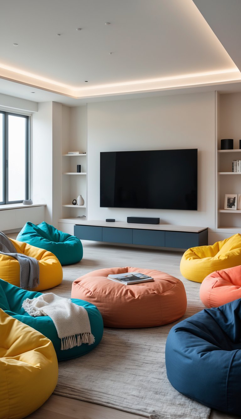 A modern living room featuring large bean bags in bright colors, including blue, yellow, and orange, arranged around a central area rug; a wall-mounted flat-screen TV is visible, along with minimalist shelves displaying decorative items.