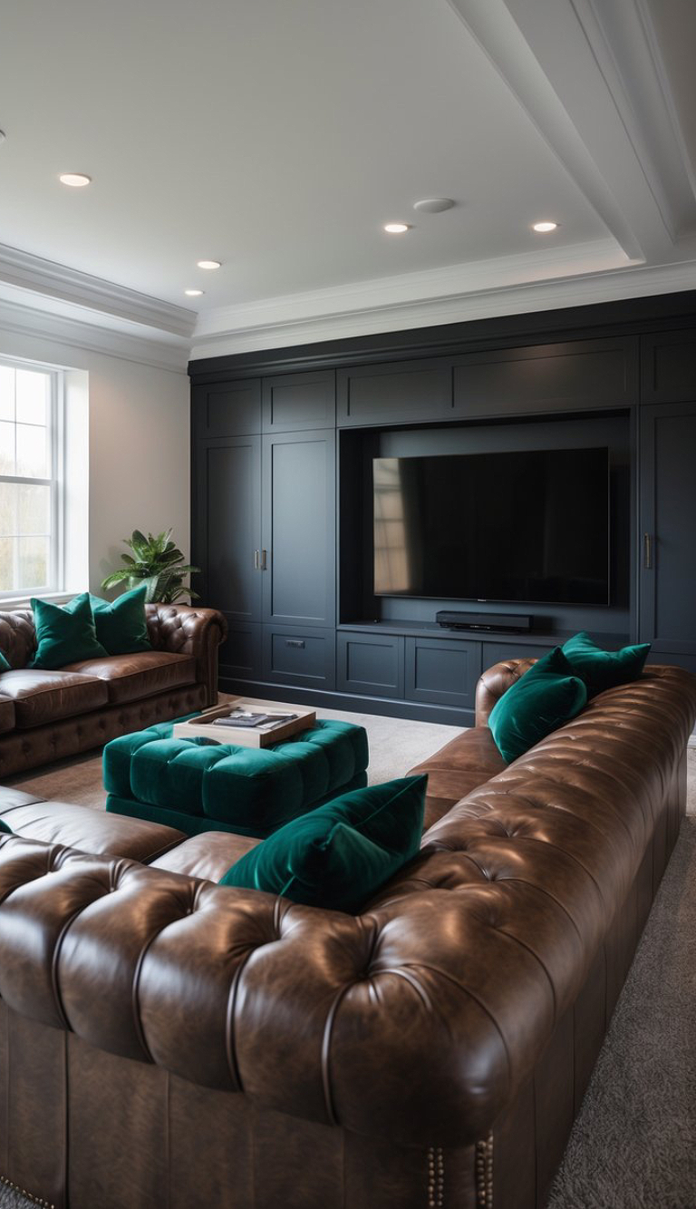 A modern living room featuring brown leather sofas with tufted backs, green velvet cushions, and a matching green ottoman in the center. A large black entertainment unit with a television is mounted on the wall, and natural light pours in from a window, illuminating the space.