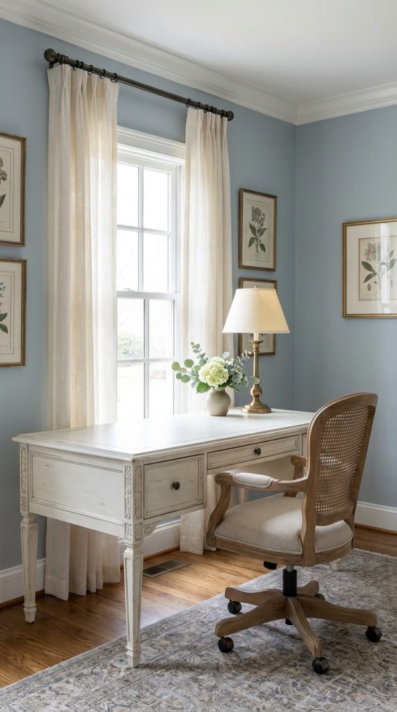 Elegant transitional home office idea featuring cream carved desk, cane-back rolling chair, brass lamp, botanical artwork, blue-gray walls, and hardwood floors.