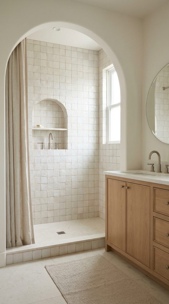 Neutral bathroom idea with curved plaster arch, pale square tile shower, integrated niche, wood vanity, and minimalist round mirror.