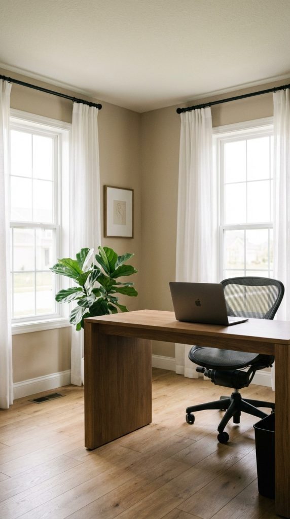 Bright transitional home office idea featuring walnut desk, mesh office chair, twin corner windows with white trim, linen curtains, and indoor greenery.