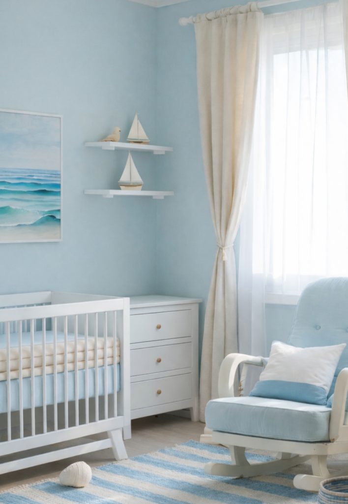A light blue nursery featuring a white crib with a beige mattress, a white dresser with gold knobs, and a cozy rocking chair with blue cushions. On the walls are two white shelves displaying model sailboats and a colorful ocean-themed painting. Soft sheer curtains allow natural light to filter in.