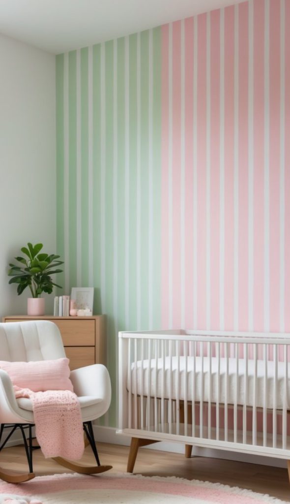 A cozy nursery featuring striped green and pink walls, a white rocking chair adorned with a pink blanket, a wooden dresser, and a white crib with a soft mattress.