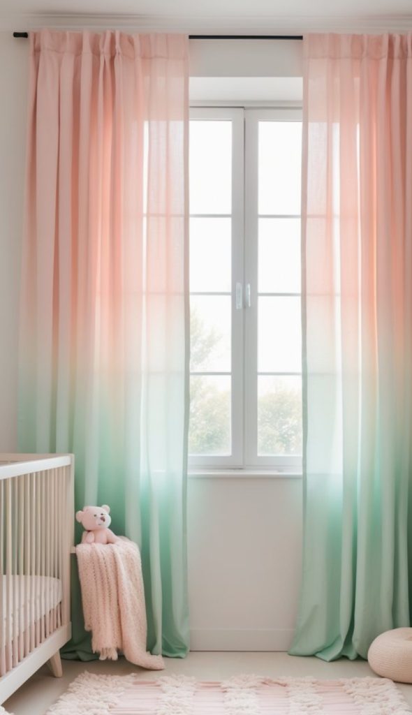 A softly decorated nursery featuring sheer curtains that fade from pink at the top to teal at the bottom, framing a large window. A white crib with a light pink mattress is visible, alongside a plush teddy bear sitting on a draped soft blanket. The floor has a fluffy, textured rug, creating a cozy atmosphere.