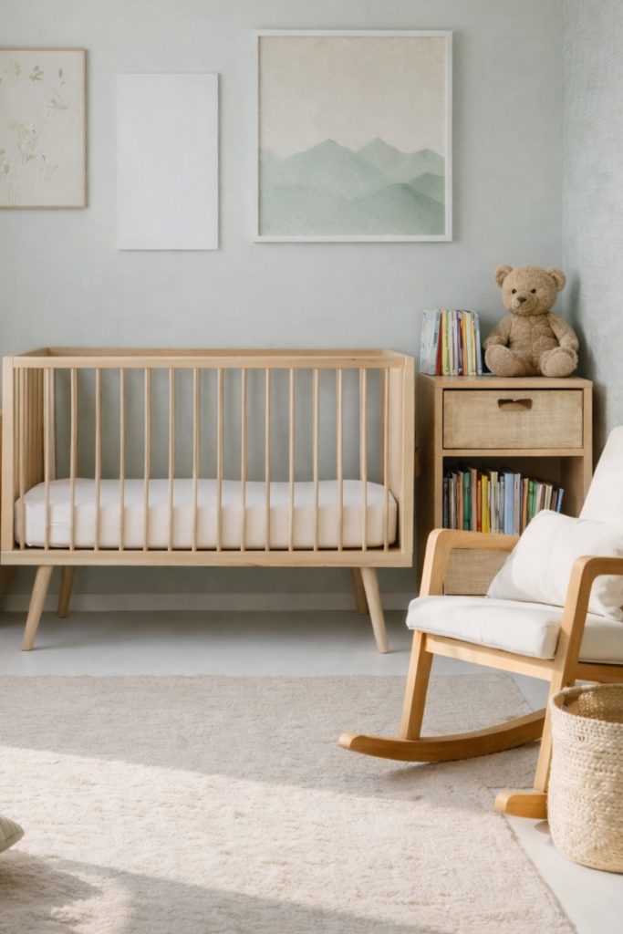 A cozy nursery featuring a wooden crib with vertical slats and a white mattress, accompanied by a rocking chair and a bedside table with a drawer, next to a teddy bear and books. The walls are adorned with two framed artworks, including a floral print and a mountain landscape, and the floor is covered by a plush area rug.