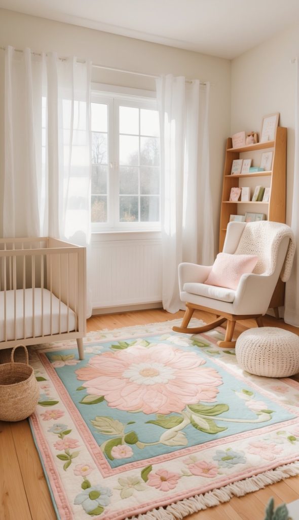 A cozy nursery featuring a wooden crib, a rocking chair with a pink pillow, and a large floral area rug with pastel colors. Soft sheer curtains frame a window allowing natural light to illuminate the space, and a bookshelf displays various decorative items and books.