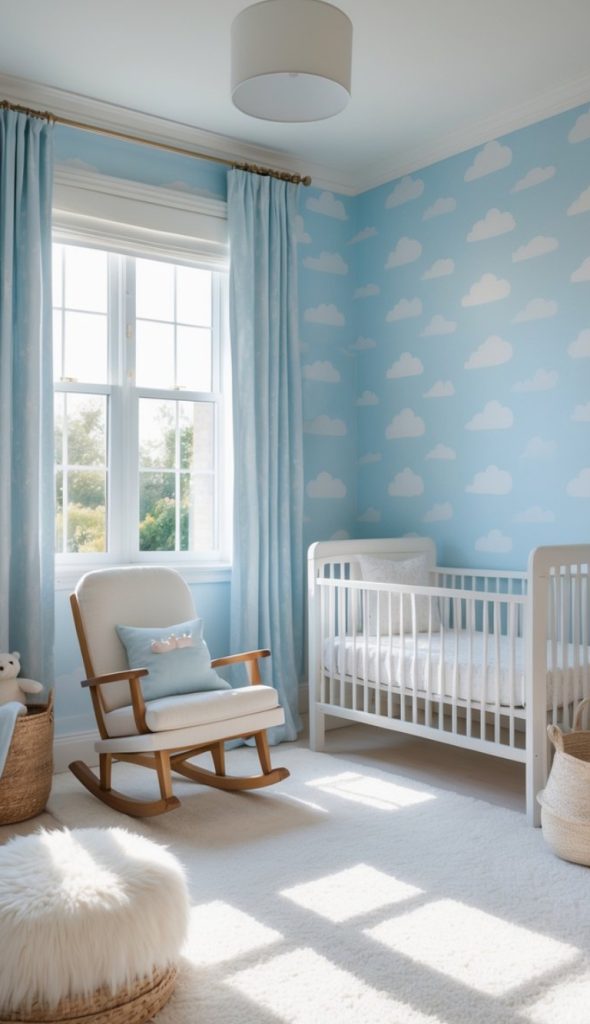 A bright and airy nursery featuring light blue walls adorned with white cloud patterns, a white crib with a soft mattress, a rocking chair with a light-colored cushion, and decorative baskets on a plush white rug.