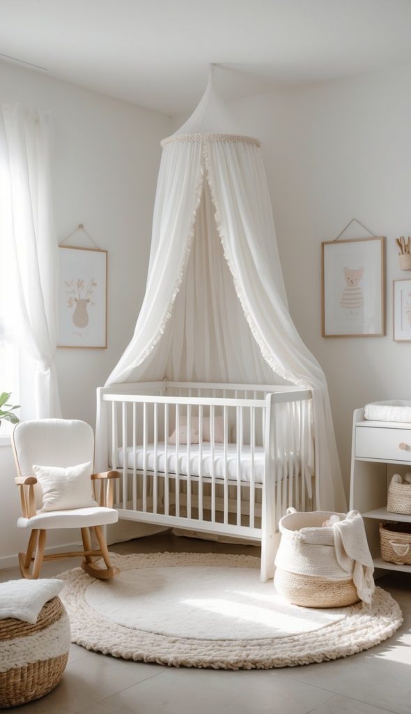 A cozy nursery featuring a white crib with a canopy, a soft rocking chair, and a round rug. The walls are adorned with framed nature-themed art, and there are woven baskets for storage.