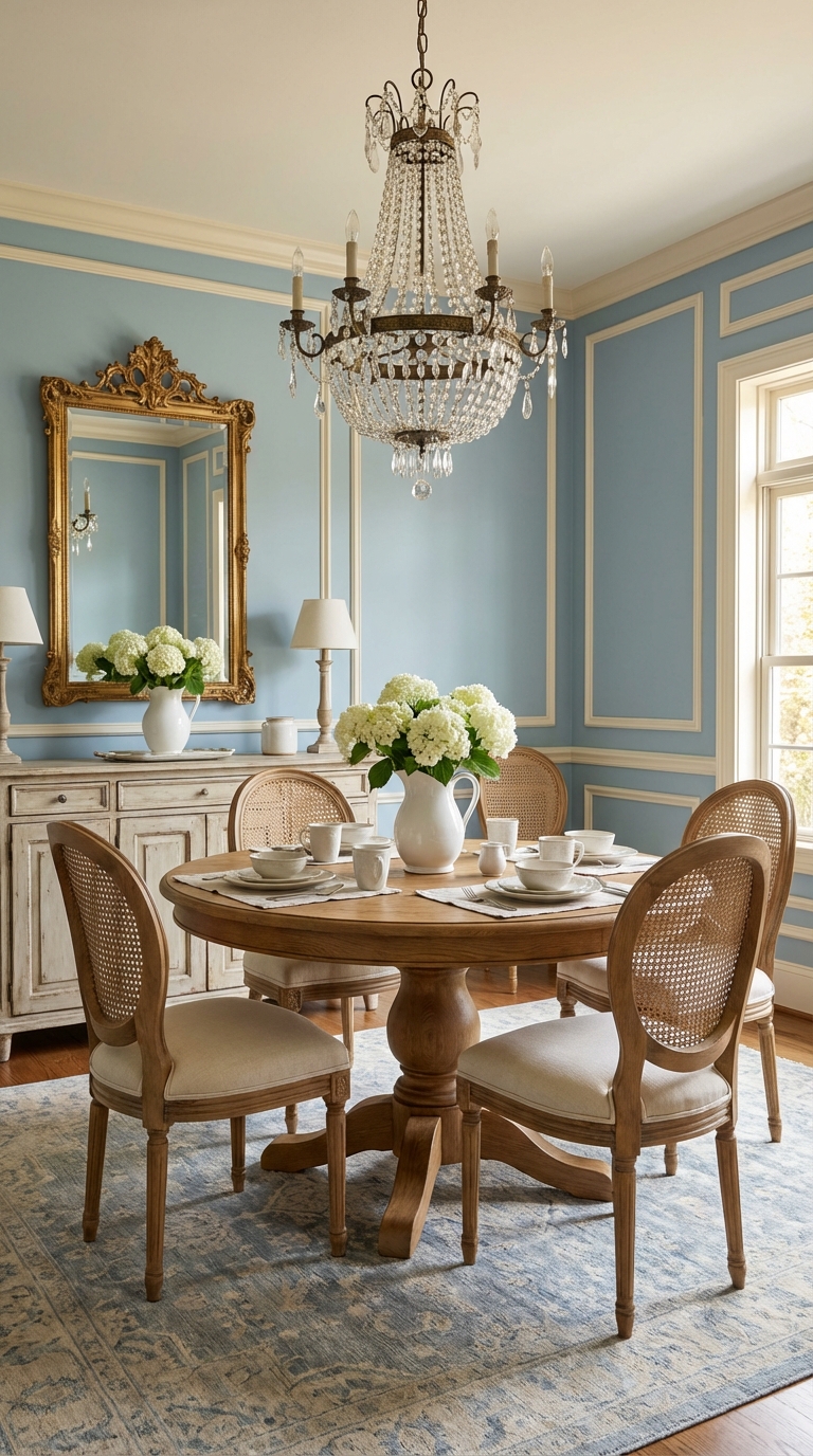 A dining room featuring a round wooden table surrounded by four upholstered chairs, with a centerpiece of white hydrangea flowers in a vase. A luxurious crystal chandelier hangs above, and a mirror with an ornate gold frame is mounted on a soft blue wall, complemented by light-colored wainscoting and a patterned rug below.