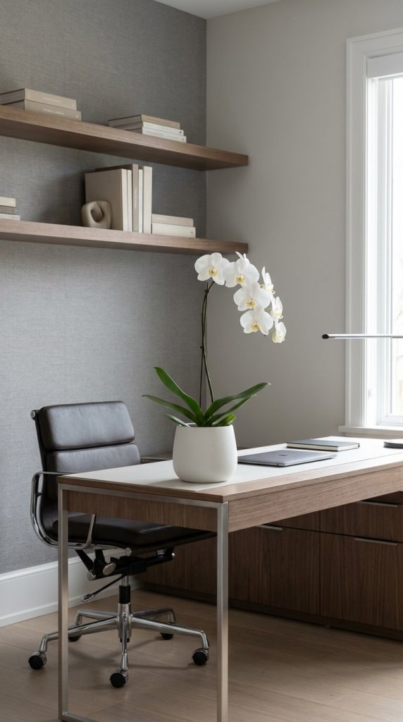 Transitional home office idea with walnut desk and metal frame, black leather office chair, floating wood shelves, white orchid plant, gray textured wall, and minimalist decor.
