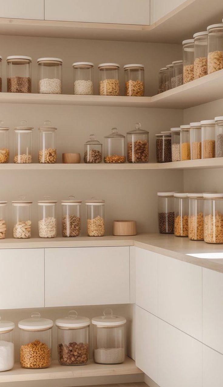 A modern kitchen pantry with multiple transparent jars filled with various dry goods such as grains, nuts, and pasta arranged neatly on wooden shelves. The jars have wooden lids and are organized by size, with a minimalist design and a light neutral color palette.