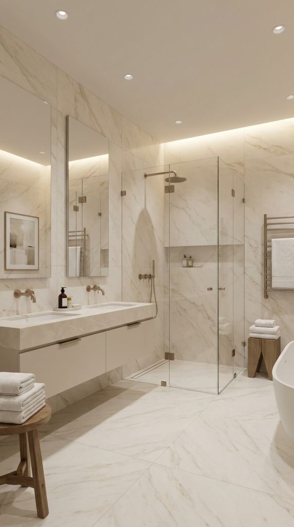 Neutral bathroom idea with marble-look porcelain slab walls, floating double vanity, brushed brass wall-mounted faucets, and frameless glass shower.