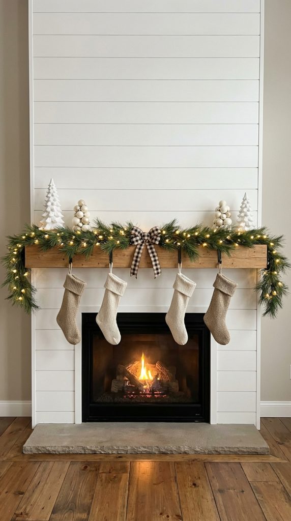 White shiplap fireplace with wood mantel, Christmas garland lights, ceramic trees, hanging knit stockings, farmhouse mantel decor idea.