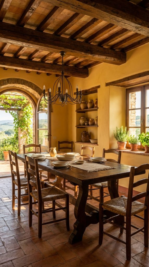 Mediterranean dining room idea featuring ochre plaster walls, wood trestle table, woven chairs, terracotta flooring, and iron chandelier.