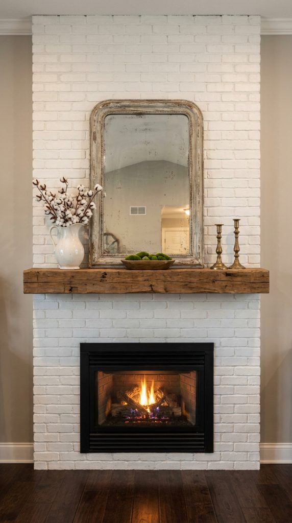 Farmhouse mantel decor idea with white brick fireplace, reclaimed wood beam mantel, distressed mirror, cotton stems, brass candlesticks, and black firebox insert.